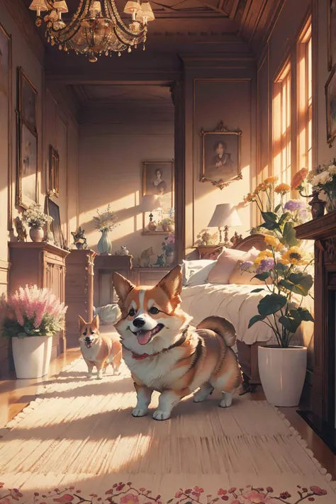<lora:2_å¨ç©æ¨¡å丨æ¯åº MG_CORGI_V1.0:0.75>,mangguo,welsh corgi,dog,animal,no humans,:d,on stomach,indoor,palace,sculpture,carpet,stuffed_animal,pillow,flower,flower_bloom,, masterpiece,best quality,highly detailed,Amazing,finely detail,extremely detailed CG unity 8k wallpaper,score:>=60,