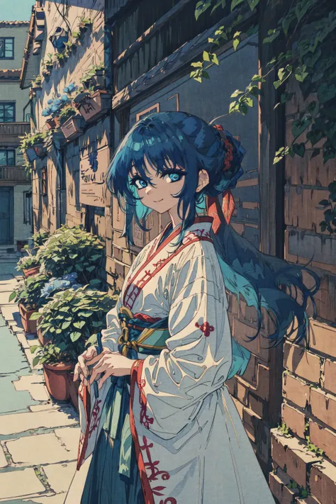 ru_qun, hanfu, best quality, masterpiece, extremely detailed, anime, 1girl, short girl, (blue hair, blue eyes:1.4), long hair, smile, tulle clothes, silk clothes, embroidery accessory, chinese knots, happy, smile, closed mouth, blue flower vines, gems, gold accessory, <lora:ligneClaireStyleCogecha_v40:1>