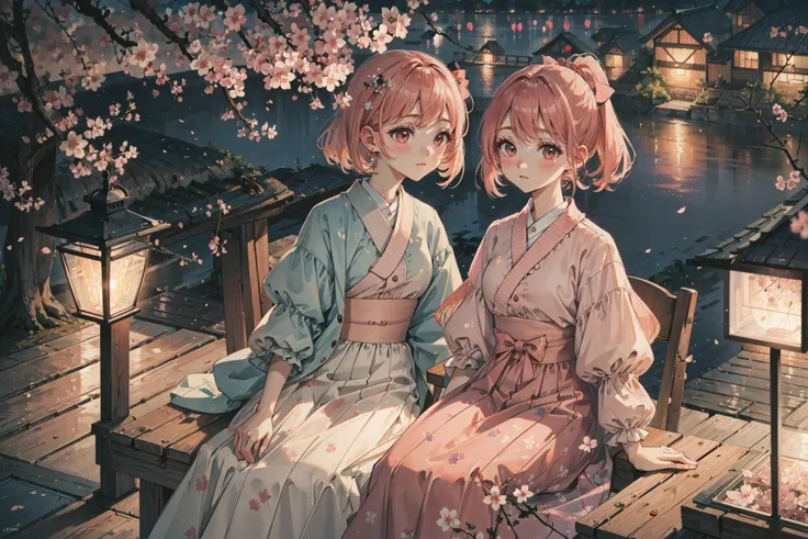 ((best quality, masterpiece, absurbres)), Close-up, Soft Colors, Pastel, Peach, 2 Girls, Aesthetic Fashion, Cherry Blossom at night, Natural Lighting