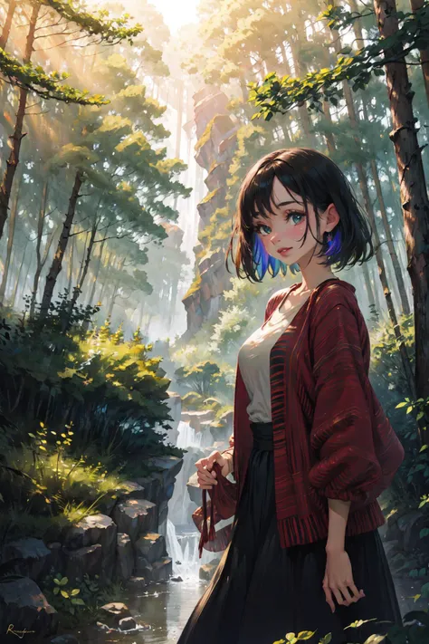 ((best quality, masterpiece, absurbres)) Adventure Quest, Vibrant Rainbow, Natural Lighting, Enchanted Forest, Casual Outfits