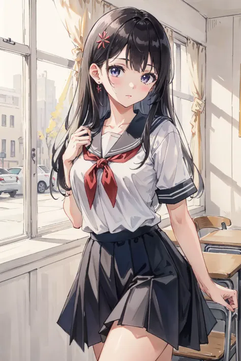 (8k, best quality, masterpiece:1.2),(best quality:1.0),ultra highres:1.0, extremely detailed, render, 4k, absurdres, HDR,
a young girl, kanamechidori, school uniform, serafuku