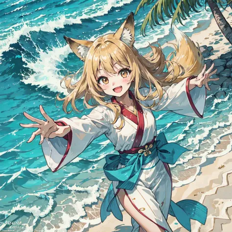 1girl, solo, blonde hair, brown eyes, fox ears, fox girl, hanfu, silk, long sleeves, open mouth, smile, fang, tropical lagoon, white sand beaches, swaying palm trees, vibrant marine life, turquoise water, balmy breezes, gentle surf
