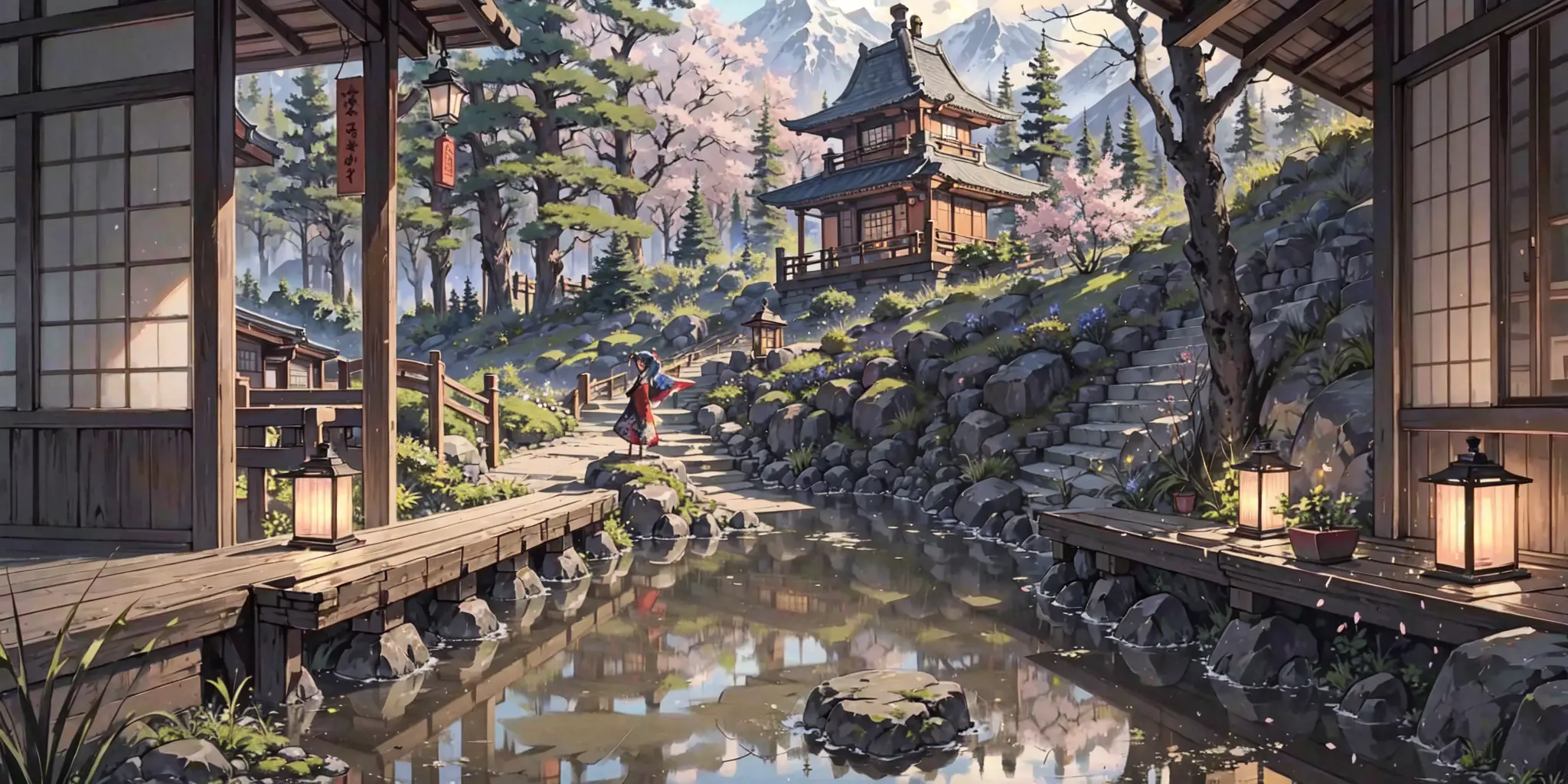 masterpiece, best quality, highly detailed background, side lighting, BREAK [(1girl, solo:1.5):1girl,solo:10], looking at viewer, traditional clothing, kimono, japanese clothes, kimono, wide sleeves, obi,wooden sandals, hairband, jade hair ornament, light blush, flat chest, BREAK serene forest, ancient shrines, moss-covered temple, stone lanterns, blooming cherry blossoms, tall cedar trees, early morning sunlight, calm stream, koi fish,  gentle breeze, distant mountains, cloud wisps, peaceful atmosphere