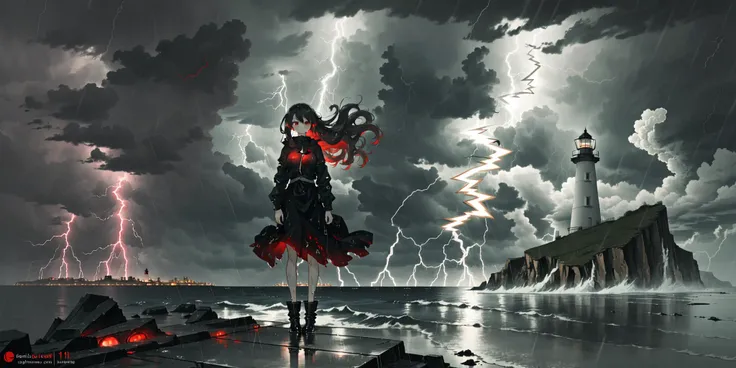 (1girl, solo, red eyes:1.2, standing, stormy weather, lighthouse, dark:1.1, windblown hair, wet clothes, raindrops),((lightning)) , [long hair, skirt, black and red color scheme],