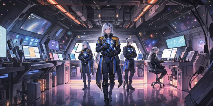 best quality, highly detailed background, BREAK 1girl, :), looking at viewer, space officer uniform, insignia, epaulets, white gloves, gold trim, tall boots, red sash, communication earpiece, determined expression, silver hair, star-shaped hairclip, violet eyes, flat chest, badge of honor, BREAK futuristic space station, large observation window, starry backdrop, distant planets, high-tech control panels, crew members working, soft ambient lighting, galaxy