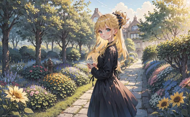 best quality, sunshine, detailed background,extremely detailed,body ratio, girl,flower garden, cute, blonde hair,