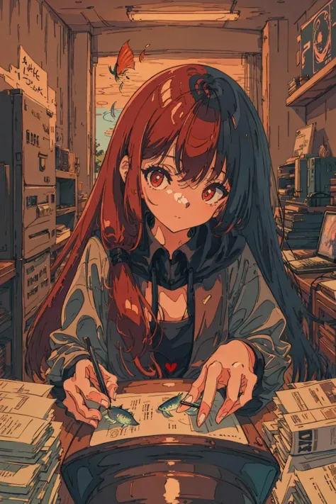 bedroom, desk, hacking, hacker, computer, games, chuunibyou, 1girl, fisheyes, very long hair, red hair, red eyes <lora:ligneClaireStyleCogecha_v40:1>