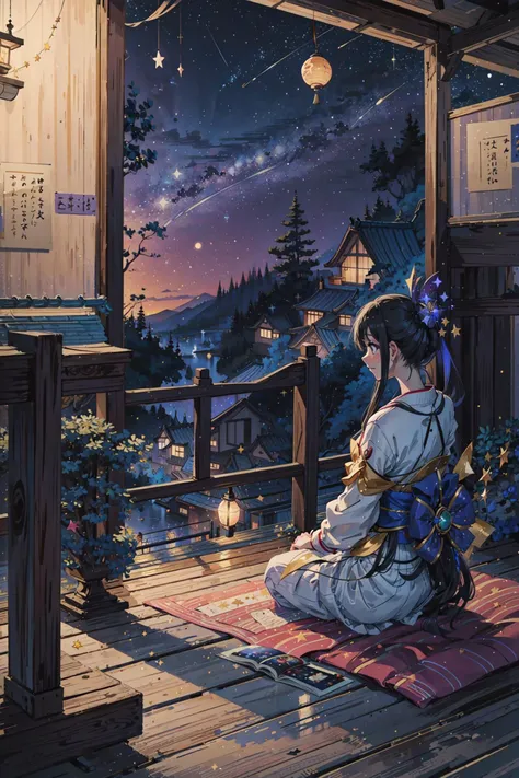 ((best quality, masterpiece, absurbres)) Tanabata Festival, Celestial Wishes, Starlit Serenade, Cultural Festivities, Vibrant Decorations, Serene Night Skies