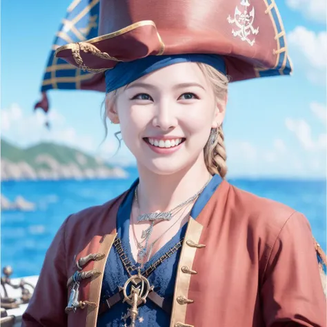 Nayeonnine wearing a pirate outfit on a boat in the open sea, beautiful background, high detail face, smiling, beautiful face, high detail, realism, super realism, high quality, realistic portrait, highly detailed, digital painting, artstation, concept art, smooth, sharp focus, illustration, cinematic lighting