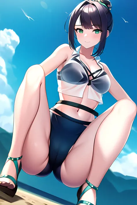 <lora:AlexaVer2:0.8> scalexa, green eyes, midriff, hair bun, masterpiece, from below, squatting, cameltoe, blushing, , bikini,swimsuit,see-through shirt, 1girl, ((best quality)), ((highres))