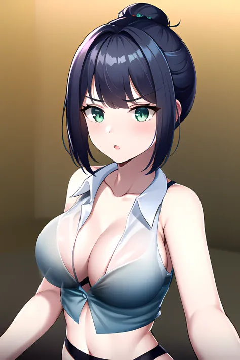 pov, scalexa, ((bra pull)), ((shirt pull)), exposed breasts, nipples, , surprised, motion lines, unaligned breasts, bouncing breasts, upper body, !, spoken exclamation mark, volleyball, green eyes, midriff, hair bun, bikini,black swimsuit,see-through shirt, medium breasts, masterpiece,cinematic lighting, beach, blue sky, 1girl, ((best quality)), ((highres)) <lora:shirtPullTestSexAct_v10:1>, <lora:AlexaVer2:0.8>