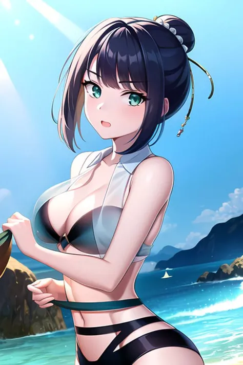 pov, looking at viewer, scalexa, ((bikini pull:1.3)), , exposed breasts, nipples, , surprised, motion lines, unaligned breasts, bouncing breasts, upper body, !, spoken exclamation mark, volleyball, green eyes, midriff, hair bun, bikini,black swimsuit,see-through shirt, medium breasts, masterpiece,cinematic lighting, beach, blue sky, 1girl, ((best quality)), ((highres)) <lora:shirtPullTestSexAct_v10:1>, <lora:AlexaVer2:0.8>