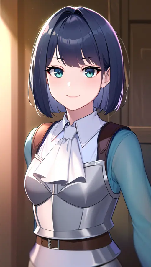 masterpiece, indoors, dark blue shirt, cinematic lighting, arms behind back, looking at viewer, smile, <lora:AlexaVer2:0.8>green eyes, blushing, alexa, white ascot, shirt, armor, shorts, belt, 1girl, ((best quality)), ((highres))