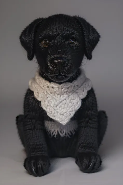 stuffed toy animal, black Labrador retriever, puppy, <lora:knittedstyle2:1.5> knittedstyle, open weave knit, 8K, UHD, highly detailed skin, absurdres,rim lighting <lora:detail_slider_v4:1>, profile looking at viewer, flare, sharp, crisp detail, well lit, eos \(ff14\), bokeh