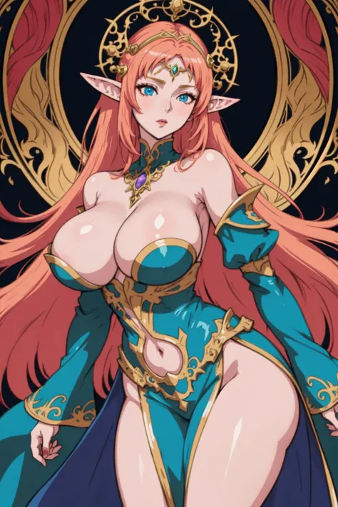 anime style, 1girl, gorgeous elf sorceress, huge breasts, flat color, wide angle, fine art filigree, intricate hyperdetailed, maximalist art, intricately detailed, complex, elegant, expansive, fantastical, epic pose, bare hips