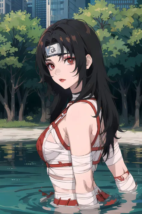 <lora:nar_kurenai_yuhi:1>,nar_kurenai_yuhi,forehead protector,bandages,red eyes,makeup, fishnets,wading, looking at viewer, full body, standing, posing