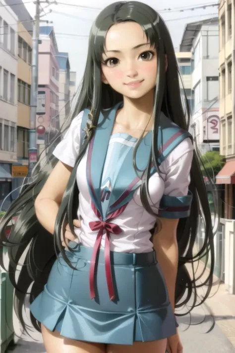<lora:Tsuruya_V1.4:1> tsuruya, school uniform, 1girl, kita high school uniform, blue skirt, (realistic:1.3), fine fabric emphasis,