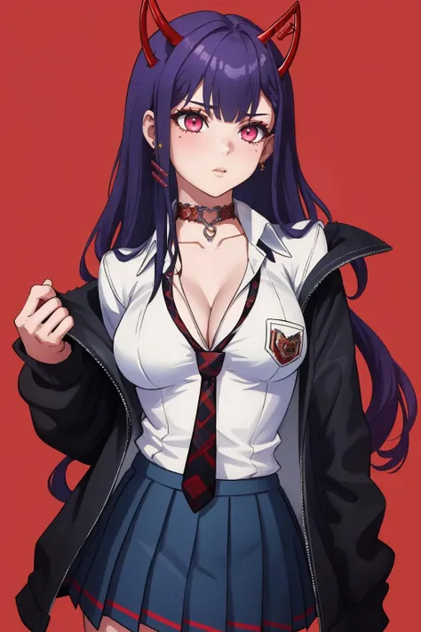 masterpiece, best quality, 1girl, solo, <lora:akumanihmune-vtuber-richy-v1:1> nihmune1st, horns, earrings, hair clip, white shirt, necktie, cleavage, jacket, open clothes, choker, skirt