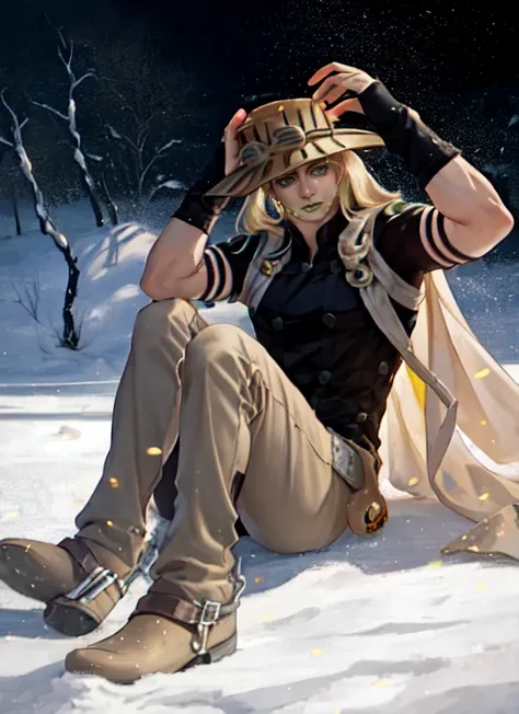 green eyes, green lips,amazing face, male, ((perfect face)), anime, closed mouth, (Digital Artwork:1.3), (Masterpiece, Ultra-Detailed:1.3), fullbody, ,solo focus gyro_zeppeli, ((perfect face)), cute, green eyes, hq eyes, anime painting, halfbody, hq, solo focus, simple background, fair skin, 1 boy, male, hat, clothes, blonde Hair, Very Long Hair, (long hair), sun rays, amazing lighting, gold particles speckles, belt buckle, snow