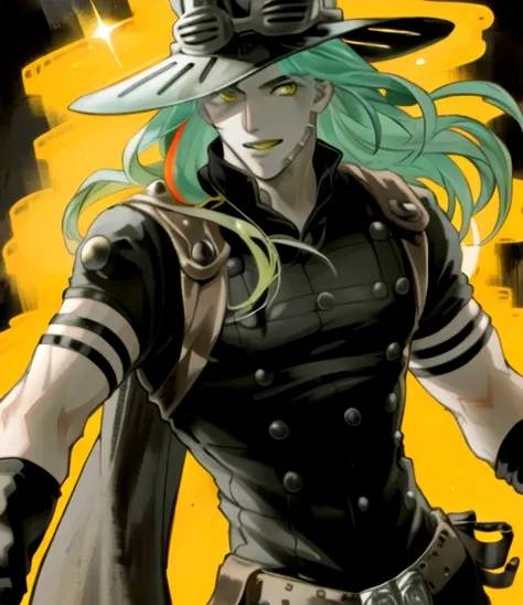 gyro_zeppeli,1boy, solo, hat , shiny hair, dark clothing with gold trim, dark atmosphere, tone mapped, high contrast, dynamic artwork,
<lora:gyrosbr:0.9>