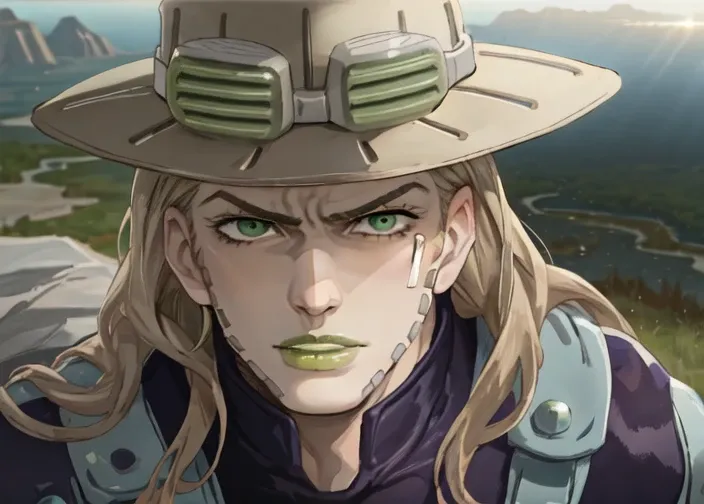 amazing digital art, anime screencap, halfbody, gyro_zeppeli, 1boy, male, mature male, hat, green eyes, green lips ((perfect face)), distinct features, dramatic lighting, serious face, hurt injured, anime scene, canyon background, night
<lora:gyrosbr:0.8>