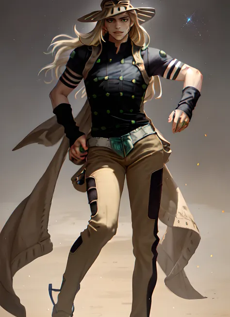 ((floating particles, stars)), anime artwork, (Digital Artwork:1.3), (Masterpiece, Ultra-Detailed:1.3), fullbody, ,solo focus gyro_zeppeli, ((perfect face)), cute, green eyes, hq eyes, anime painting, halfbody, hq, solo focus, simple background, fair skin, 1 boy, male, hat, clothes, blonde Hair, Very Long Hair, (long hair), sun rays, amazing lighting, gold particles speckles, belt buckle,
<lora:gyrosbr:1>