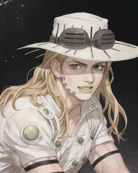 anime artwork, (Digital Artwork:1.3), (Masterpiece, Ultra-Detailed:1.3), ,solo focus gyro_zeppeli, ((perfect face)), cute, green eyes, green lips, hq eyes, anime painting, halfbody, hq, solo focus, simple background, fair skin, 1boy, male, hat, clothes, eyecatching-color pallet, white shirt, black hat, recolor, blonde Hair, Very Long Hair, (long hair), sun rays, amazing lighting, gold particles speckle, signature, artist signature
<lora:gyrosbr:0.9>