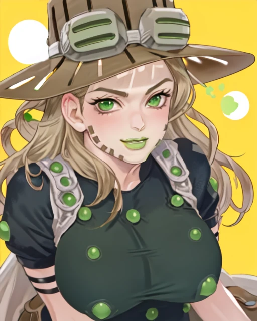 gender swap, gyro_zeppeli, hat, breasts, female, mature female, green eyes, green lips ((perfect face)), distinct features
<lora:gyrosbr:0.9>