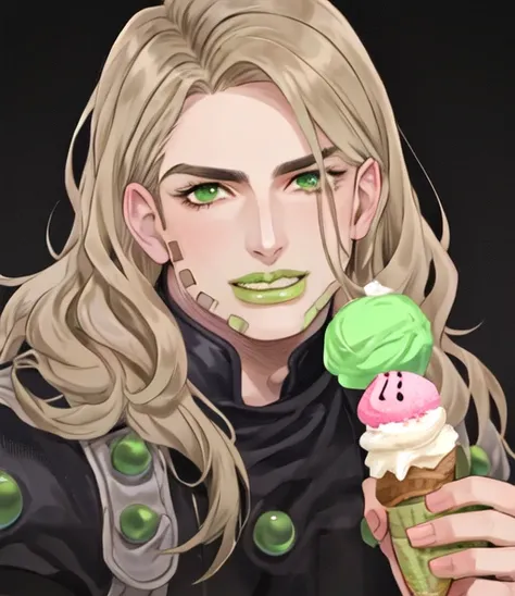 amazing digital art, halfbody, bust, holding icecream cone, gyro_zeppeli, 1boy, male, mature male, long hair, green eyes, green lips ((perfect face)) distinct features, dramatic lighting
<lora:gyrosbr:0.8>