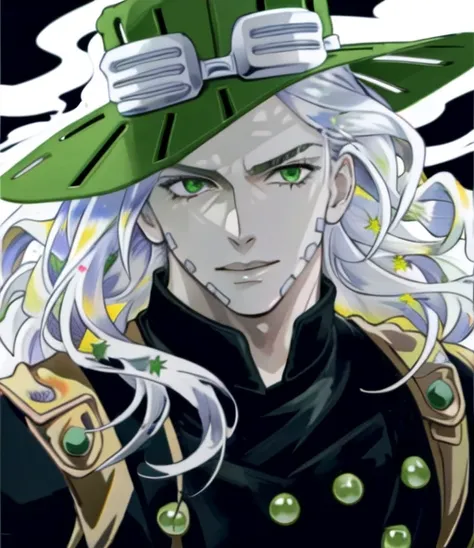 gyro_zeppeli,1boy, solo, hat , shiny white hair, dark clothing with green trim, smoke, detailed green eyes, dark atmosphere, tone mapped, high contrast, dynamic artwork,
<lora:gyrosbr:0.89>