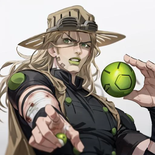perfect nose, amazing digital art, anime screencap, halfbody, one arm holding a green metallic ball, 5 fingers, gyro_zeppeli, 1boy, male, mature male, hat, green eyes, green lips ((perfect face)), distinct features, dramatic lighting, serious face, anime scene, canyon background, night sky, dark, widescreen, animation, jojo's bizzare adventure
<lora:gyrosbr:0.8>