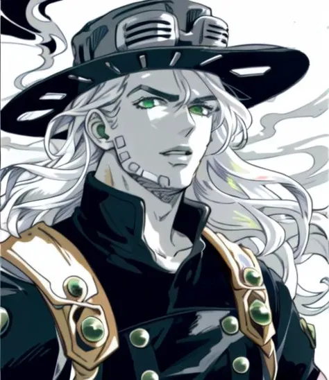 gyro_zeppeli,1boy, solo, hat , shiny white hair, dark clothing with green trim, smoke, detailed green eyes, dark atmosphere, tone mapped, high contrast, dynamic artwork, 
 <lora:gyrosbr:0.89>
