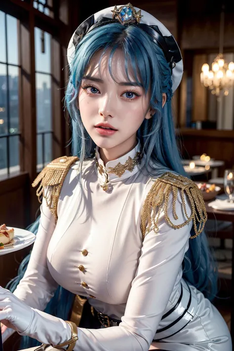 <lora:helmV1:0.65>, (helm:1.3), ulzzang-6500-v1.1, pureerosface_v1, best quality, masterpiece, illustration, (realistic, photo-realistic:1.37), amazing, finely detail, incredibly absurdres, huge filesize, ultra-detailed, highres, extremely detailed CG unity 8k wallpaper, beautiful detailed girl, extremely detailed eyes and face, beautiful detailed eyes, ray tracing, heavy breathing, blush, torogao, orgasm, embarrassed, drunk, fucked silly, naughty face, nude, nsfw,, ulzzang-6500-v1.1, pureerosface_v1, best quality, masterpiece, illustration, (realistic, photo-realistic:1.37), amazing, finely detail, incredibly absurdres, huge filesize, ultra-detailed, highres, extremely detailed CG unity 8k wallpaper, beautiful detailed girl, extremely detailed eyes and face, beautiful detailed eyes, ray tracing, heavy breathing, blush, torogao, orgasm, embarrassed, drunk, fucked silly, naughty face, nsfw, pov dating, 1girl, blue eyes, blue hair, long hair, bangs, hair intakes, military hat, hairband, military uniform, buttons, aiguillette, epaulettes, white coat, armband, white belt, white gloves, white shorts, high heels,  In a high-end restaurant, nestled atop a skyscraper, a young woman indulges in a candlelit dinner. Seated at an intimate table adorned with fine china and crystal glasses, she basks in the warm and inviting ambiance. Through the floor-to-ceiling windows, a mesmerizing night scene unfolds before her eyes. The city below comes alive with a symphony of twinkling lights, casting an enchanting glow on the urban landscape. The soft glow of the candles on her table adds a touch of romance and sophistication to the atmosphere. She exudes grace and poise as she sips on a glass of fine wine, savoring every sip. The exquisite dishes served to her are a feast for both the eyes and the palate. From delicately plated appetizers to decadent main courses, each dish is a work of culinary art. As the evening progresses, the gentle flicker of the candles casts a warm glow on her face, highlighting her radiant smile. The restaurant's elegant decor and subdued lighting create an intimate and luxurious setting, allowing her to fully immerse herself in the moment. Surrounded by the captivating cityscape, she feels a sense of tranquility and contentment. The combination of delectable cuisine, the soft glow of candlelight, and the panoramic views creates an unforgettable experience. In this high-class establishment, she relishes in the pleasures of fine dining, savoring every bite and cherishing the magical ambiance that envelops her.