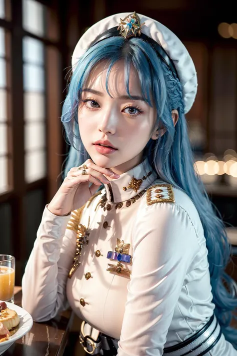 <lora:helmV1:0.7>, (helm:1.3), ulzzang-6500-v1.1, pureerosface_v1, best quality, masterpiece, illustration, (realistic, photo-realistic:1.37), amazing, finely detail, incredibly absurdres, huge filesize, ultra-detailed, highres, extremely detailed CG unity 8k wallpaper, beautiful detailed girl, extremely detailed eyes and face, beautiful detailed eyes, ray tracing, heavy breathing, blush, torogao, orgasm, embarrassed, drunk, fucked silly, naughty face, nude, nsfw,, ulzzang-6500-v1.1, pureerosface_v1, best quality, masterpiece, illustration, (realistic, photo-realistic:1.37), amazing, finely detail, incredibly absurdres, huge filesize, ultra-detailed, highres, extremely detailed CG unity 8k wallpaper, beautiful detailed girl, extremely detailed eyes and face, beautiful detailed eyes, ray tracing, heavy breathing, blush, torogao, orgasm, embarrassed, drunk, fucked silly, naughty face, nsfw, pov dating, 1girl, blue eyes, blue hair, long hair, bangs, hair intakes, military hat, hairband, military uniform, buttons, aiguillette, epaulettes, white coat, armband, white belt, white gloves, white shorts, high heels,  In a high-end restaurant, nestled atop a skyscraper, a young woman indulges in a candlelit dinner. Seated at an intimate table adorned with fine china and crystal glasses, she basks in the warm and inviting ambiance. Through the floor-to-ceiling windows, a mesmerizing night scene unfolds before her eyes. The city below comes alive with a symphony of twinkling lights, casting an enchanting glow on the urban landscape. The soft glow of the candles on her table adds a touch of romance and sophistication to the atmosphere. She exudes grace and poise as she sips on a glass of fine wine, savoring every sip. The exquisite dishes served to her are a feast for both the eyes and the palate. From delicately plated appetizers to decadent main courses, each dish is a work of culinary art. As the evening progresses, the gentle flicker of the candles casts a warm glow on her face, highlighting her radiant smile. The restaurant's elegant decor and subdued lighting create an intimate and luxurious setting, allowing her to fully immerse herself in the moment. Surrounded by the captivating cityscape, she feels a sense of tranquility and contentment. The combination of delectable cuisine, the soft glow of candlelight, and the panoramic views creates an unforgettable experience. In this high-class establishment, she relishes in the pleasures of fine dining, savoring every bite and cherishing the magical ambiance that envelops her.