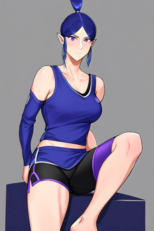 <lora:allegra-08:0.8>, AllegraRFA, 1girl, fit girl, earrings, purple eyes, close up, mole, pointy ears, single hair bun, black shorts, shorts, blue shirt, shirt, ((detailed eyes, perfect face)), (gym), trainig, sweat, detailed background, (foot, barefoot), ((masterpiece)), (best quality), 8k, ultra-detailed, absurdress, beautiful, highres