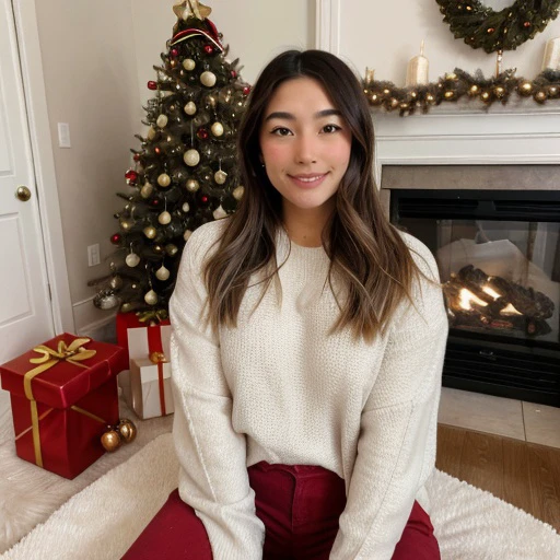 <lora:janetrosee_sd15_512_128_64_v1:1> janetrosee 1girl wearing a christmas sweater , cozy fireplace in background, christmas decoration in background,