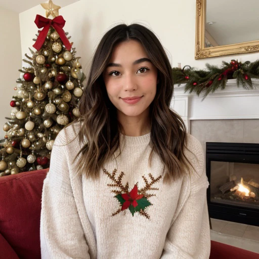 <lora:janetrosee_sd15_512_128_64_v1:1> janetrosee 1girl wearing a christmas sweater , cozy fireplace in background, christmas decoration in background,