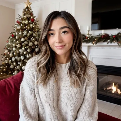 <lora:janetrosee_sd15_512_128_64_v1:1> janetrosee 1girl wearing a christmas sweater , cozy fireplace in background, christmas decoration in background,