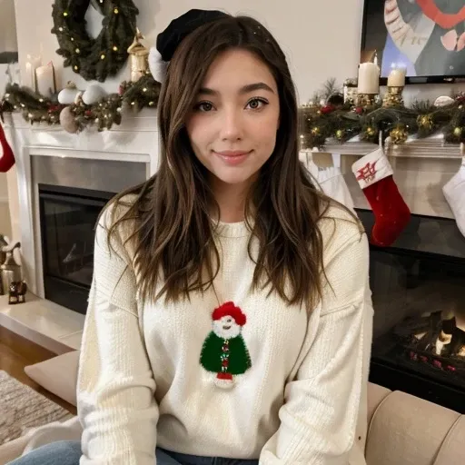 <lora:janetrosee_sd15_512_128_64_v1:1> janetrosee 1girl wearing a christmas sweater , cozy fireplace in background, christmas decoration in background,