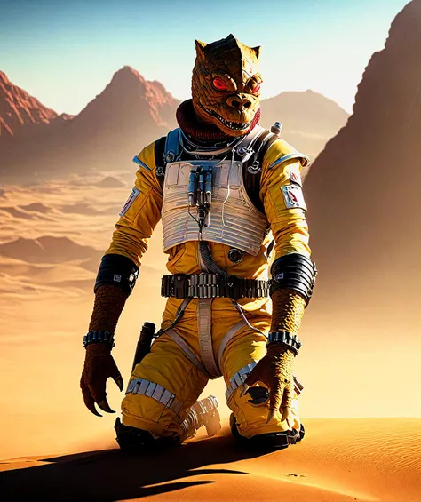 trandoshan alien,yellow jumpsuit,red collar,white and black armor,on a desert, caustic rim lighting, hard shadows, dimly glowing mechanical eyes, low contrast<lora:trandoshanV2:0.8>