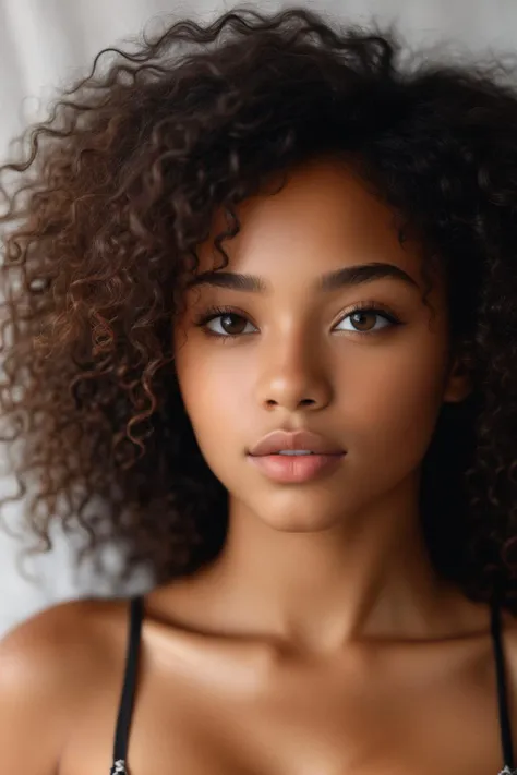 (close:1.3) photo of beautiful black girl, with curly long hair, small breasts, detailed skin, photo of torso and head, soft light, cozy, (closeup:1.1) rule of thirds,