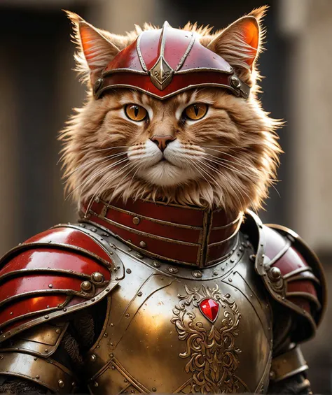 art of an anthropomorphic large fluffy one legionnaire cat, bronze armor, red crest on the helmet, soft light, dynamic art, incompatible neat art, closeup