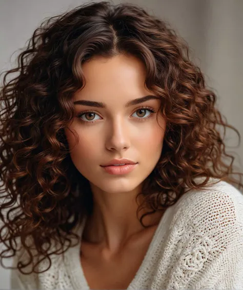 (close:1.3) photo of beautiful brunette lady in a white sweater with curly long hair, detailed skin, photo of shoulders and head, soft light, cozy, (closeup:1.1)