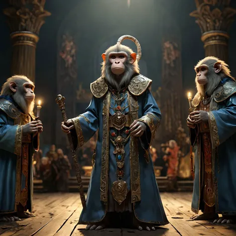 monkeys (priest of the horned king outfit:1.3) A musical concert environment, flat lighting (off-center full body photograph:1.2) detailed background depth of field <lora:detailed_notrigger:1>