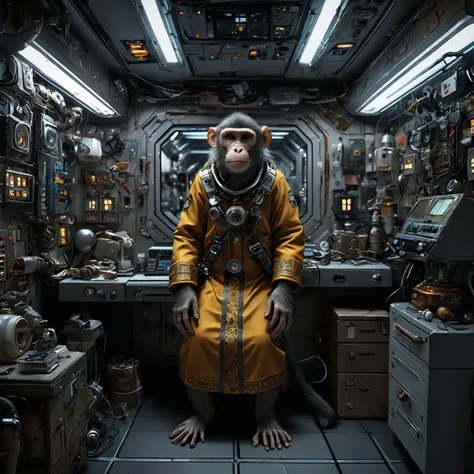 monkeys (priest of witchcraft outfit:1.3) A space station with many technological resources and many drawers, even lighting (off-center full body photograph:1.2) detailed background depth of field <lora:detailed_notrigger:1>