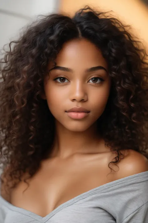 (close:1.3) photo of beautiful black girl, with curly long hair, small breasts, detailed skin, photo of torso and head, soft light, cozy, (closeup:1.1) rule of thirds,