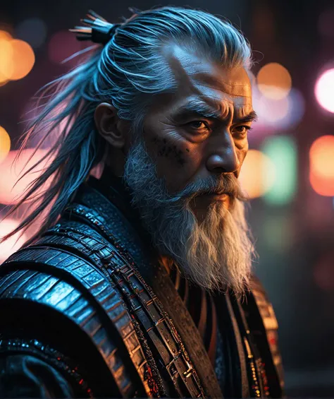 old samurai in the future, long gray detailed beard, samurai suit, neon light, cinematic, detailed skin, dynamic photo, bokeh, (closeup:1.2)