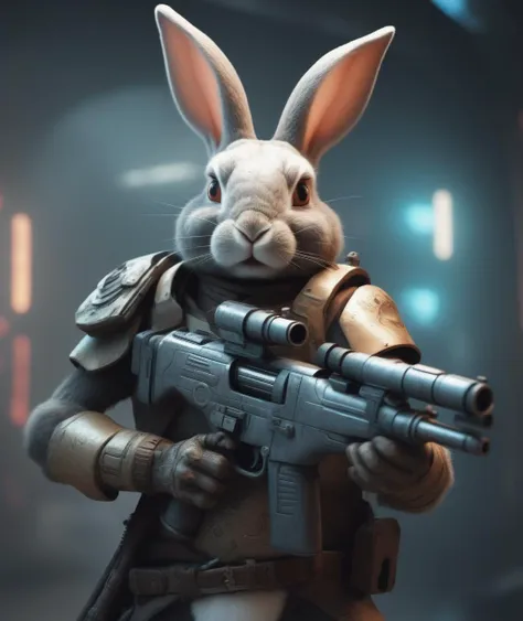 anthoropomorphic rabbit warrior from the future holding a blaster, closeup