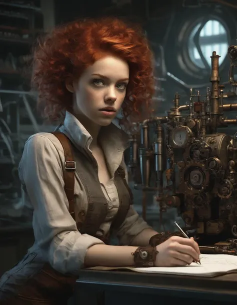 In a steampunk-inspired laboratory, a brilliant scientist with a shock of red curls pinned back from her face stands at the controls of an elaborate machine, her hazel eyes focused intently on the readouts before her. Her skin is pale against the dark oil-stained workbench and gears that line the walls, and her figure is draped in a utilitarian jumpsuit, its pockets bulging with pens, tools, and notepads.

Her hair may be tousled from hours of work, but her eyes remain sharp and focused as she tinkers with the intricate mechanisms around her. The laboratory is cluttered with half-finished inventions and drawings scrawled on every surface, testament to her dedication to her craft. In this setting, the scientist is a vision of intelligence and creativity, her beauty a product of her passion for discovery.

