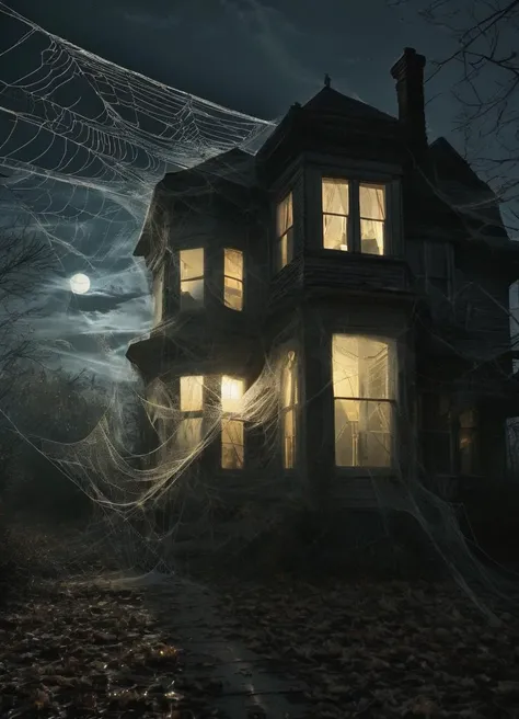 old house at night, living room, moonlight coming in from the windows, spiderweb covering the doors and windows
 <lora:spiderweb:0.8>